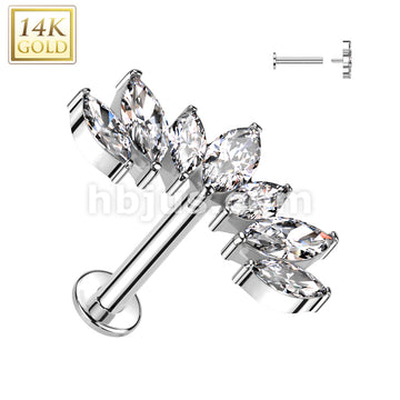 14KT  Gold 14K Gold Internally Threaded Labret With 7 Marquise CZ Fan Top - Image 2