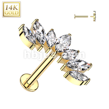14K Gold Internally Threaded Labret With 7 Marquise CZ Fan Top - Image 3