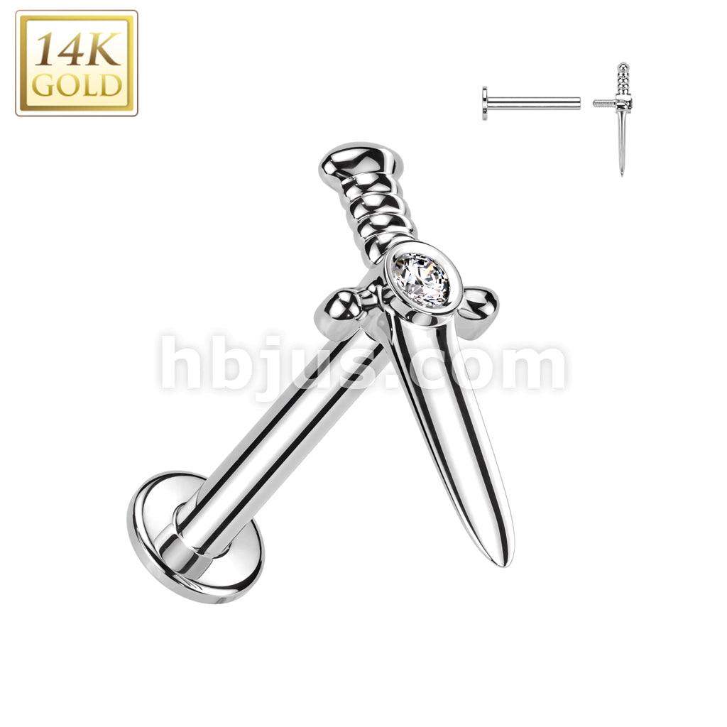 14KT  Gold 14K Gold Internally Threaded Labret With CZ Center Dagger Top - Image 2