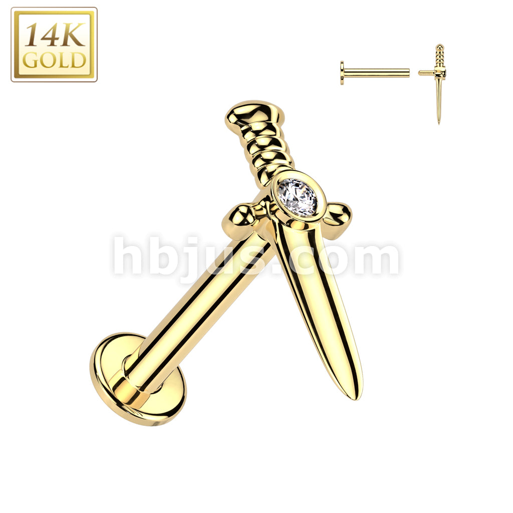 14K Gold Internally Threaded Labret With CZ Center Dagger Top - Image 3