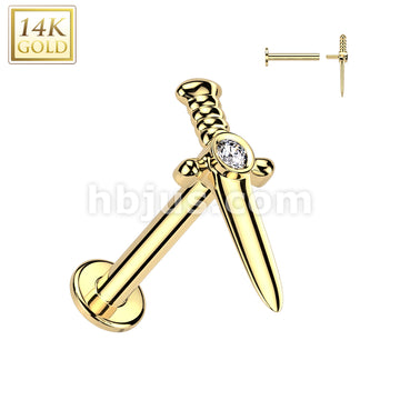 14KT  Gold 14K Gold Internally Threaded Labret With CZ Center Dagger Top - Image 3