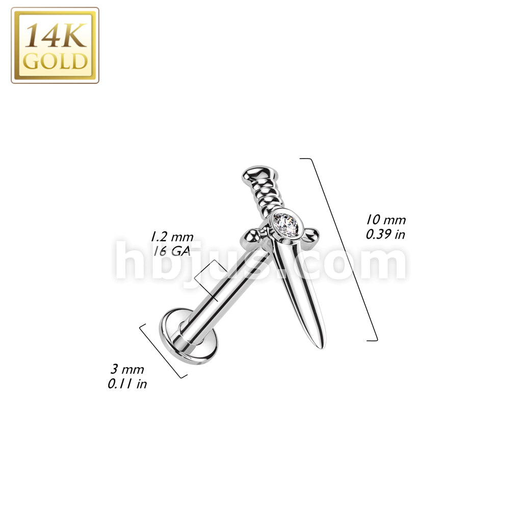 14K Gold Internally Threaded Labret With CZ Center Dagger Top - Image 4