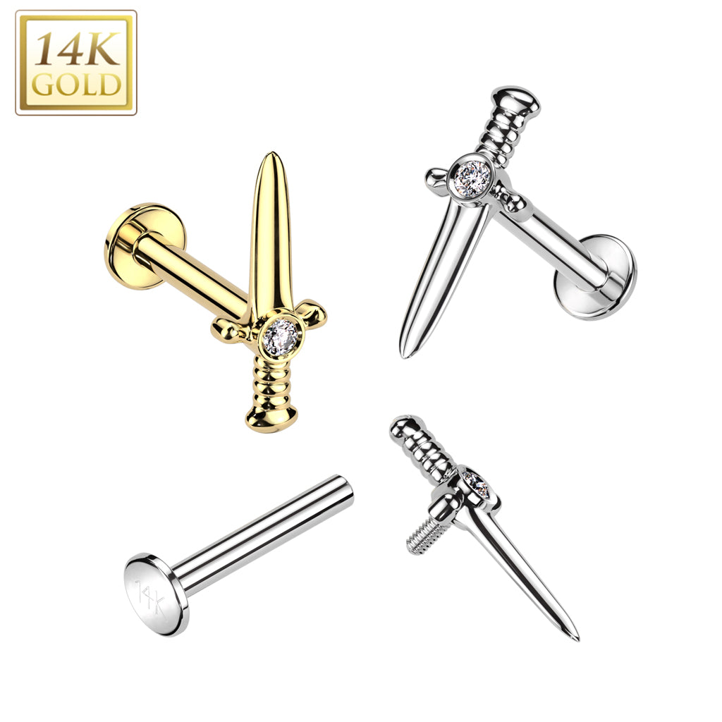 14K Gold Internally Threaded Labret With CZ Center Dagger Top
