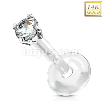 14KT  Gold 14K Gold 2.5mm CZ Prong Set Top With PTFE Flex Shaft Labret... - Image 2