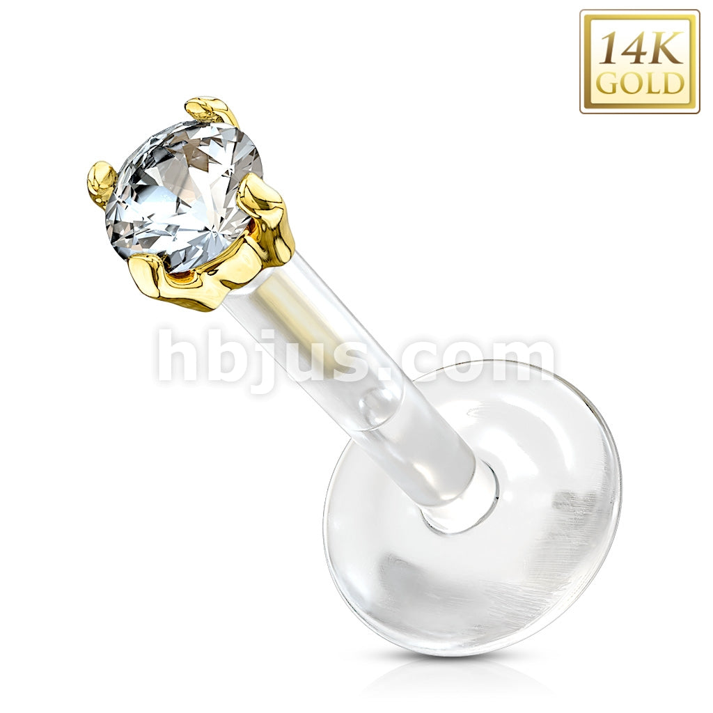 14KT  Gold 14K Gold 2.5mm CZ Prong Set Top With PTFE Flex Shaft Labret... - Image 3