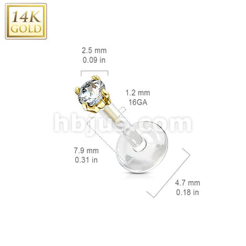 14KT  Gold 14K Gold 2.5mm CZ Prong Set Top With PTFE Flex Shaft Labret... - Image 4