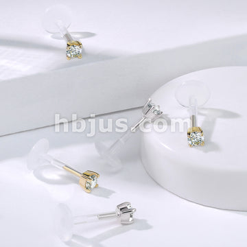 14KT  Gold 14K Gold 2.5mm CZ Prong Set Top With PTFE Flex Shaft Labret... - Image 6
