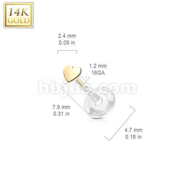14KT  Gold 14K Gold Heart Top Bio Flex Flat Back Studs for Labret,... - Image 5