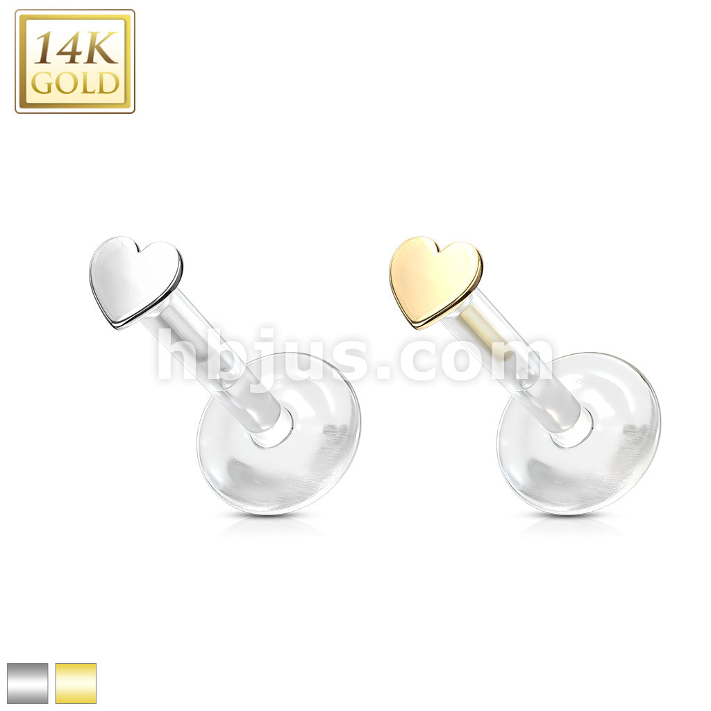 14KT  Gold 14K Gold Heart Top Bio Flex Flat Back Studs for Labret,... - Image 2