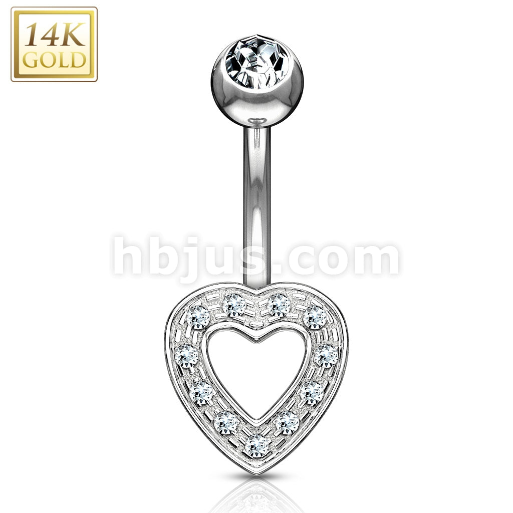 14KT  Gold Heart Charm Clear CZ 14 Karat Solid Gold Navel Ring - Image 2