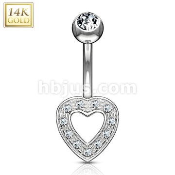 14KT  Gold Heart Charm Clear CZ 14 Karat Solid Gold Navel Ring - Image 2