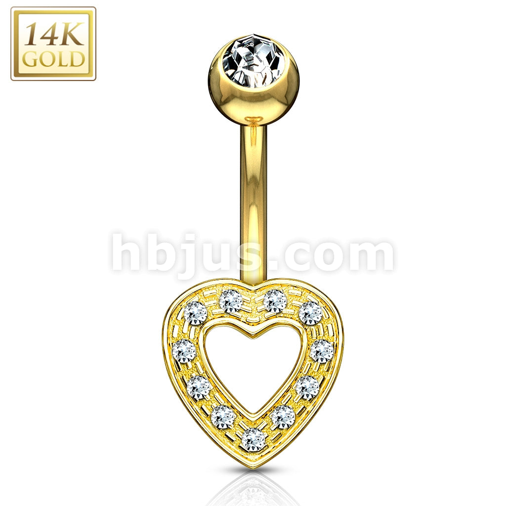 14KT  Gold Heart Charm Clear CZ 14 Karat Solid Gold Navel Ring - Image 3
