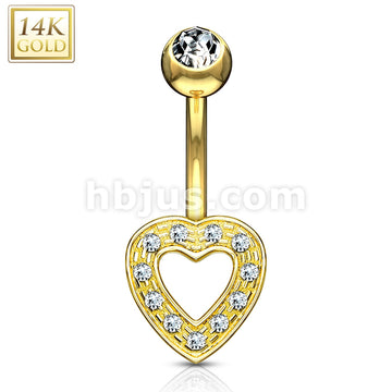 14KT  Gold Heart Charm Clear CZ 14 Karat Solid Gold Navel Ring - Image 3