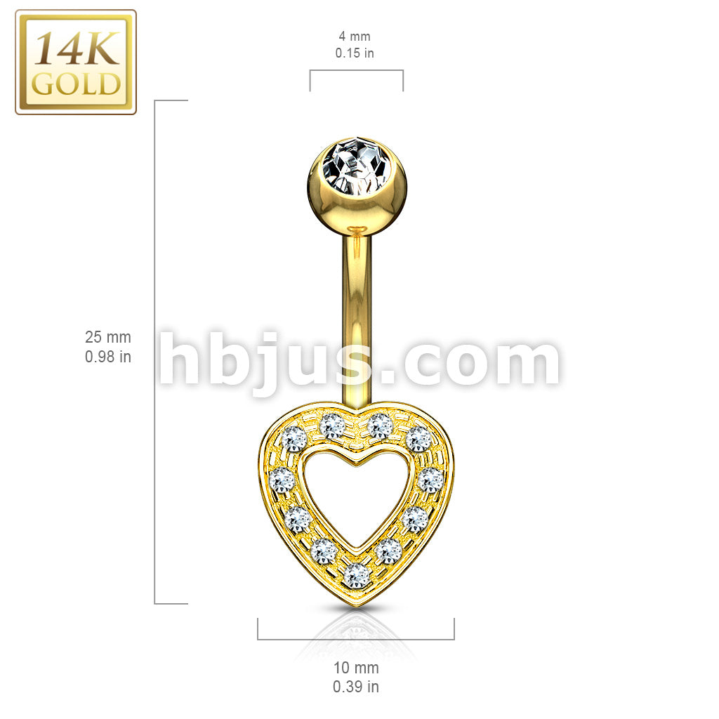 14KT  Gold Heart Charm Clear CZ 14 Karat Solid Gold Navel Ring - Image 4