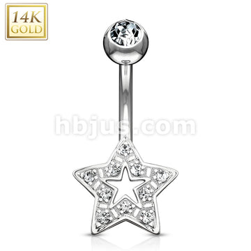 14KT  Gold Star Charm Clear CZ 14 Karat Solid Gold Navel Ring - Image 2