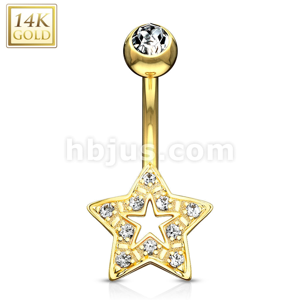 14KT  Gold Star Charm Clear CZ 14 Karat Solid Gold Navel Ring - Image 3