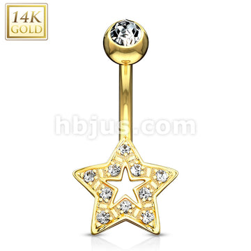 14KT  Gold Star Charm Clear CZ 14 Karat Solid Gold Navel Ring - Image 3