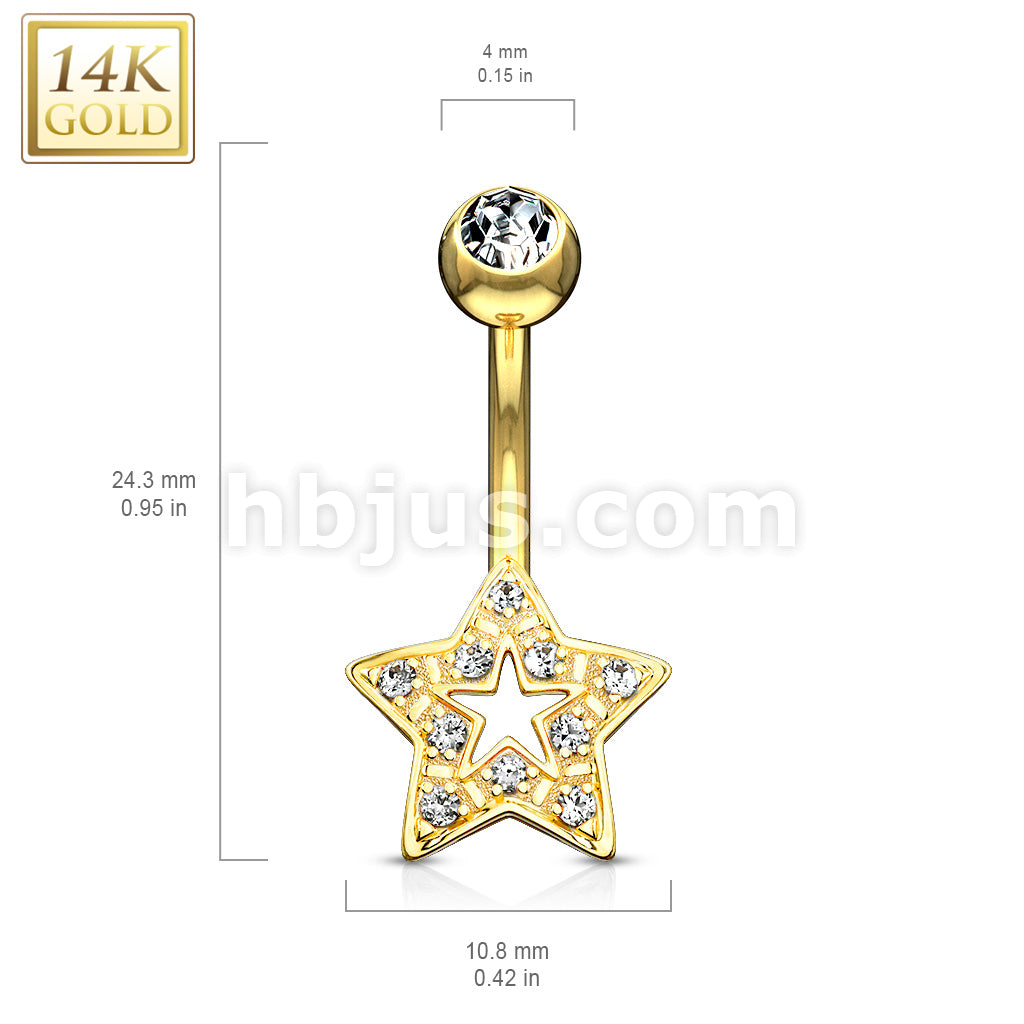 14KT  Gold Star Charm Clear CZ 14 Karat Solid Gold Navel Ring - Image 4