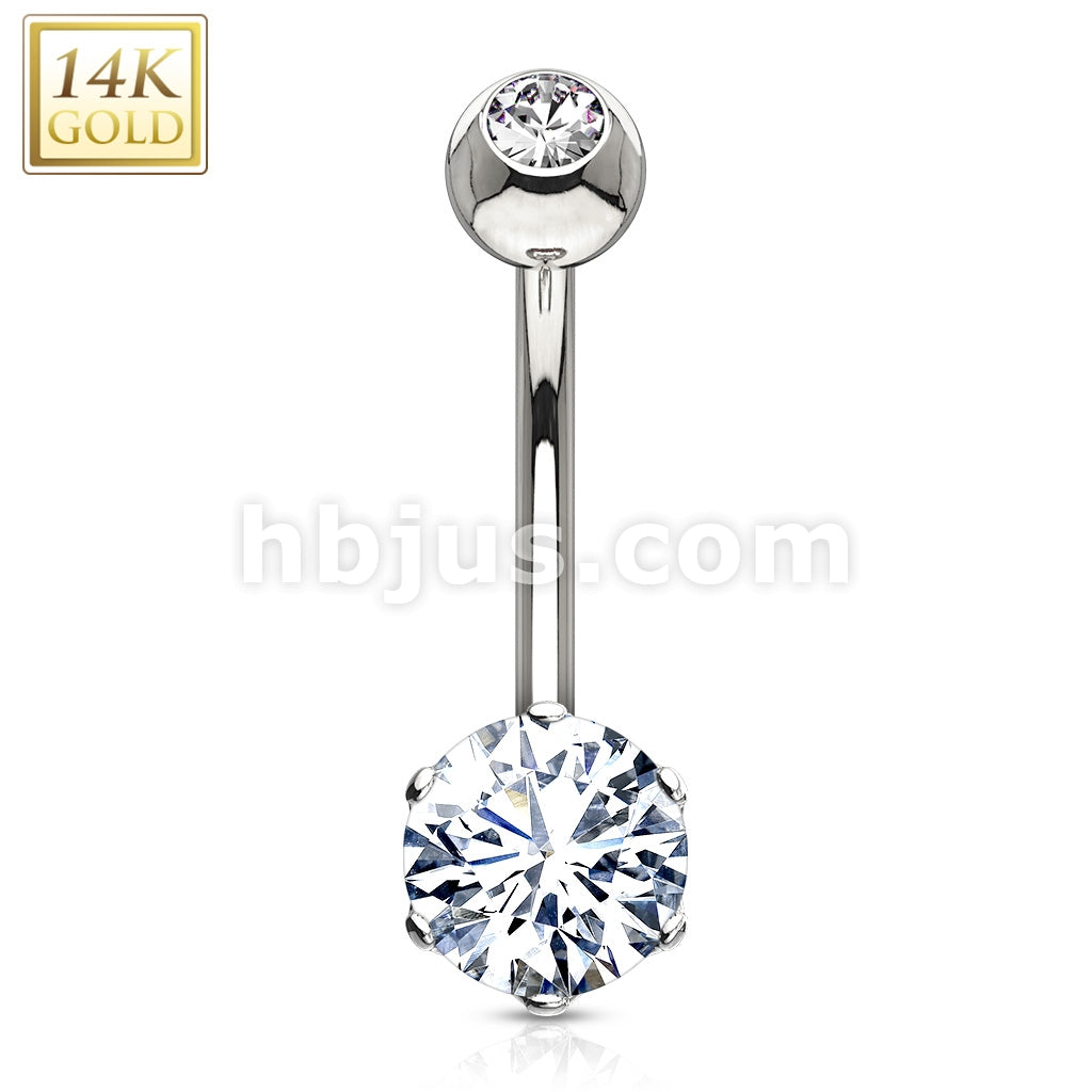 14KT  Gold 14K Gold Round 6mm Prong Set CZ Navel Belly Button Ring - Image 2