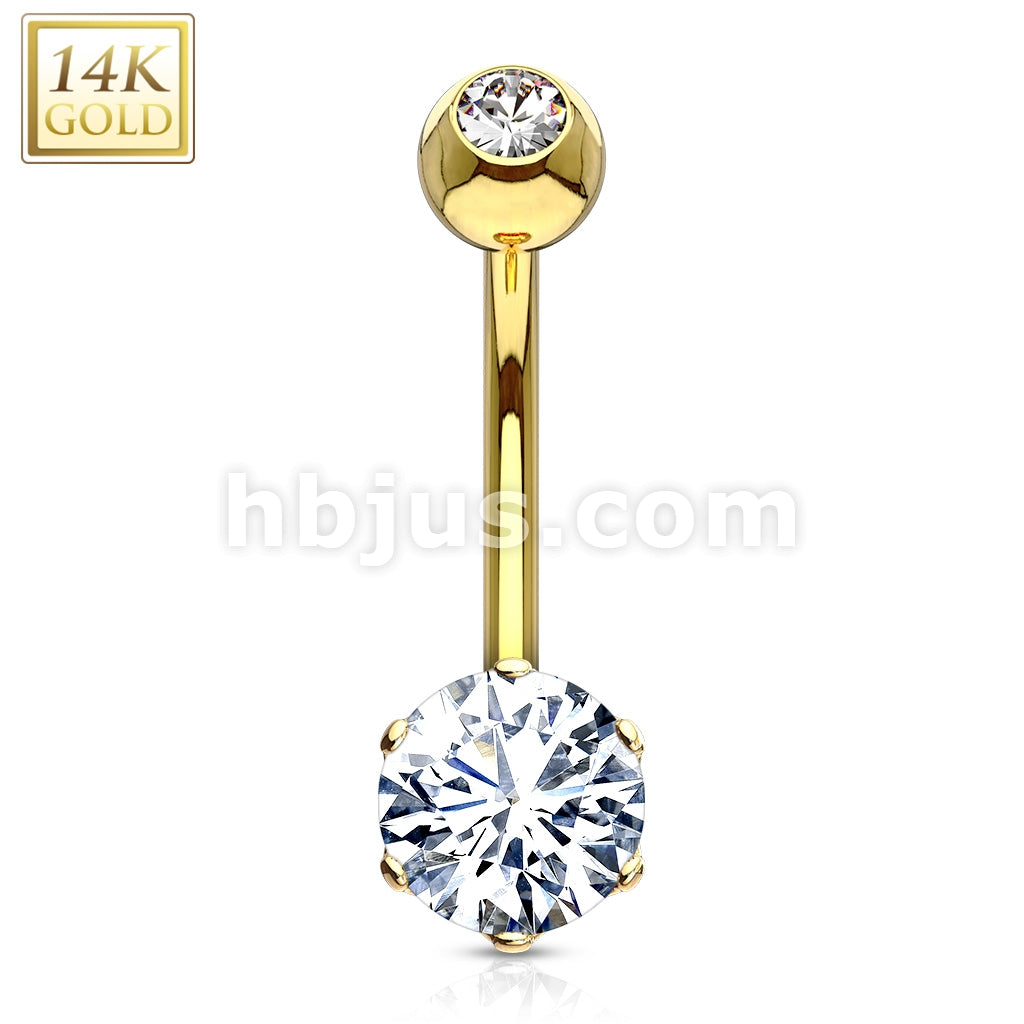 14KT  Gold 14K Gold Round 6mm Prong Set CZ Navel Belly Button Ring - Image 3