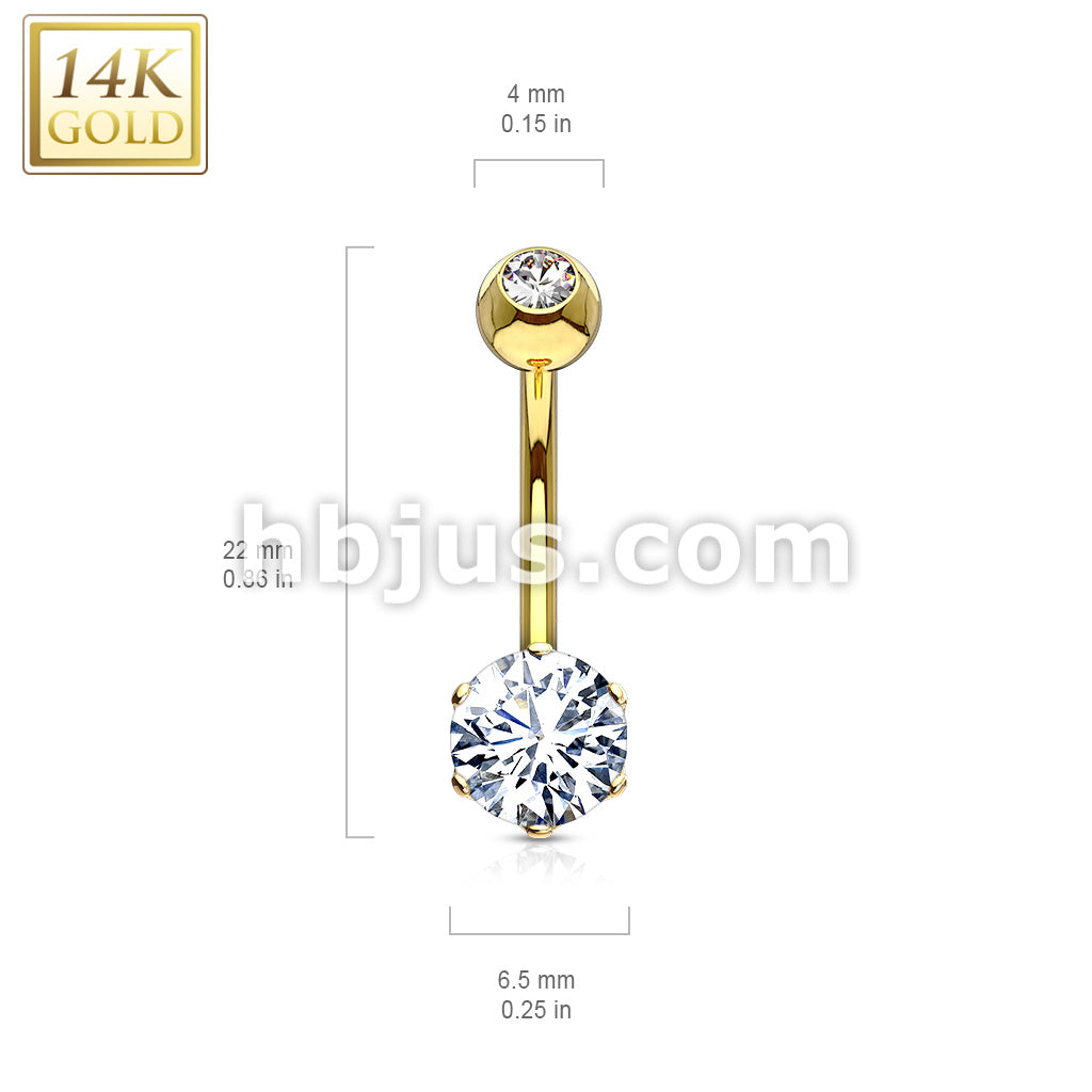14KT  Gold 14K Gold Round 6mm Prong Set CZ Navel Belly Button Ring - Image 4