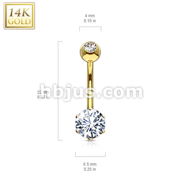 14KT  Gold 14K Gold Round 6mm Prong Set CZ Navel Belly Button Ring - Image 4