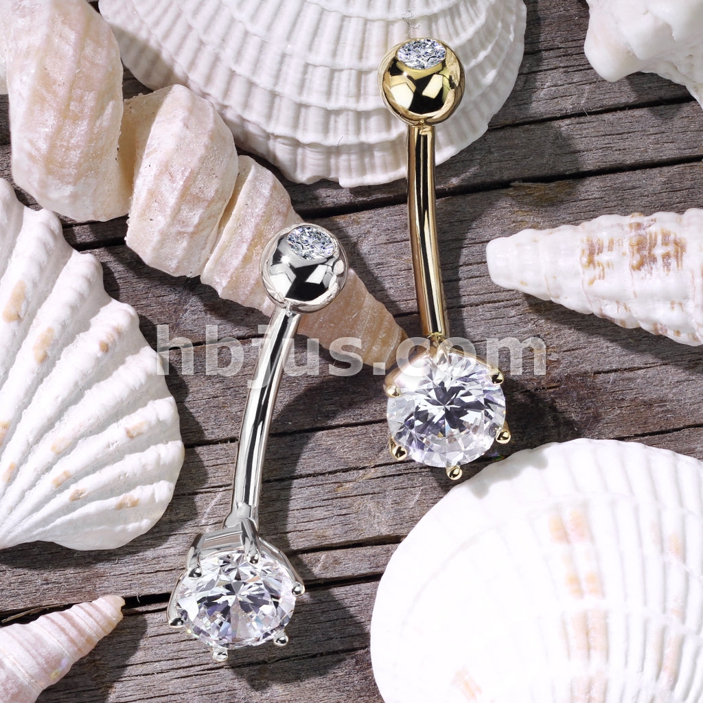 14KT  Gold 14K Gold Round 6mm Prong Set CZ Navel Belly Button Ring - Image 6