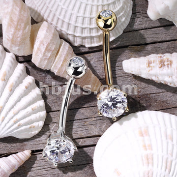 14KT  Gold 14K Gold Round 6mm Prong Set CZ Navel Belly Button Ring - Image 6