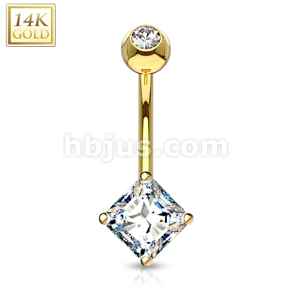 14KT  Gold 14K Gold Navel Ring With Square Princess Cut CZ - Image 3