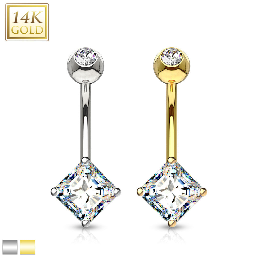 14KT Gold 14K Gold Navel Ring With Square Princess Cut CZ