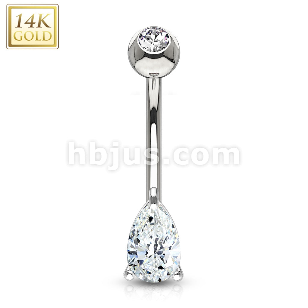 14KT  Gold 14K Gold Tear Drop CZ Prong Set Navel Belly Button Ring - Image 2