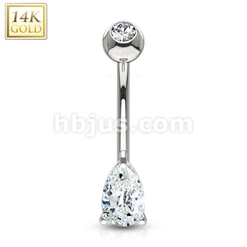 14KT  Gold 14K Gold Tear Drop CZ Prong Set Navel Belly Button Ring - Image 2