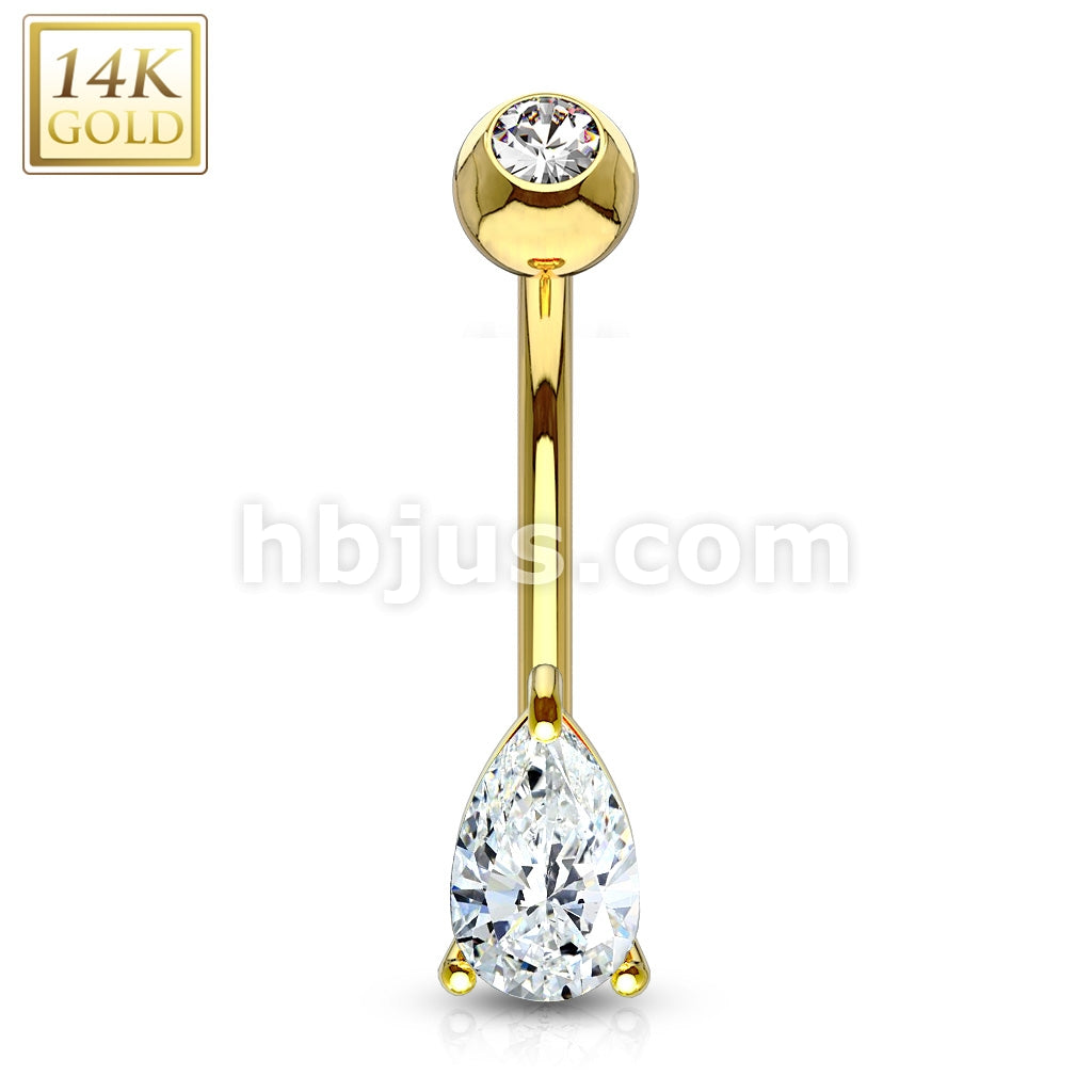 14KT  Gold 14K Gold Tear Drop CZ Prong Set Navel Belly Button Ring - Image 3