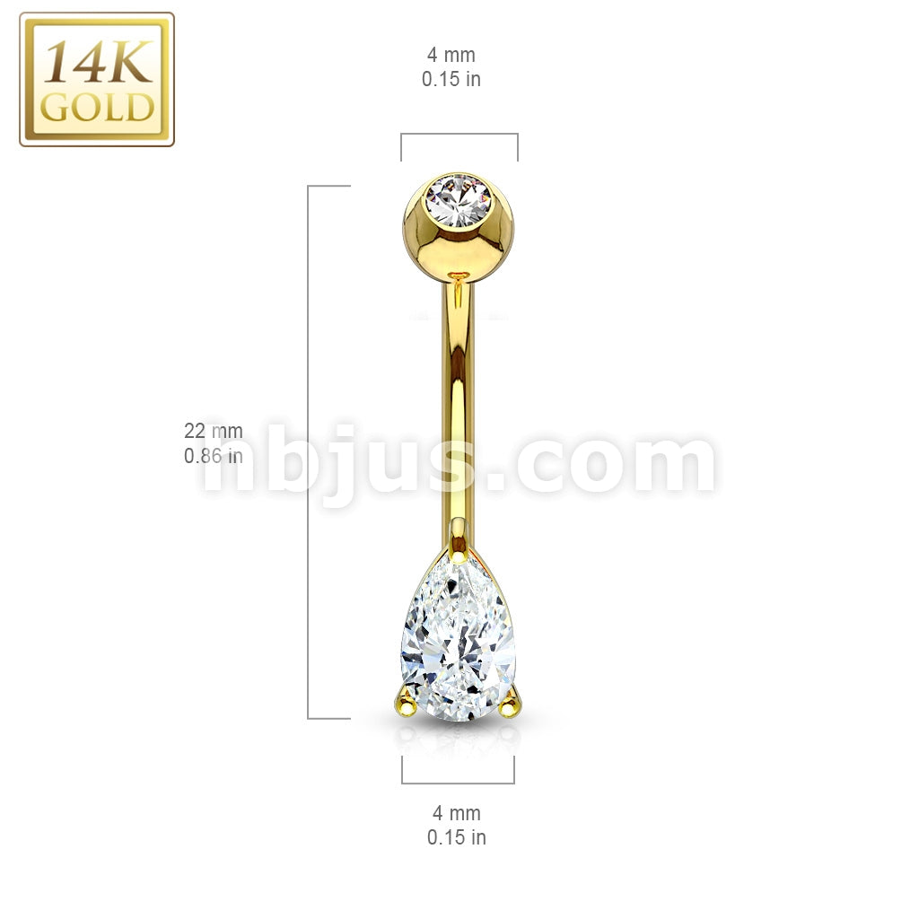 14KT  Gold 14K Gold Tear Drop CZ Prong Set Navel Belly Button Ring - Image 4