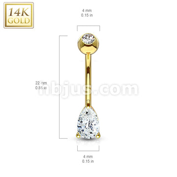 14KT  Gold 14K Gold Tear Drop CZ Prong Set Navel Belly Button Ring - Image 4