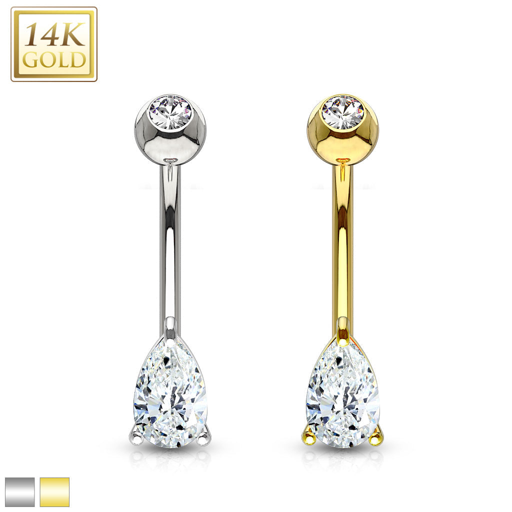 14KT Gold 14K Gold Tear Drop CZ Prong Set Navel Belly Button Ring