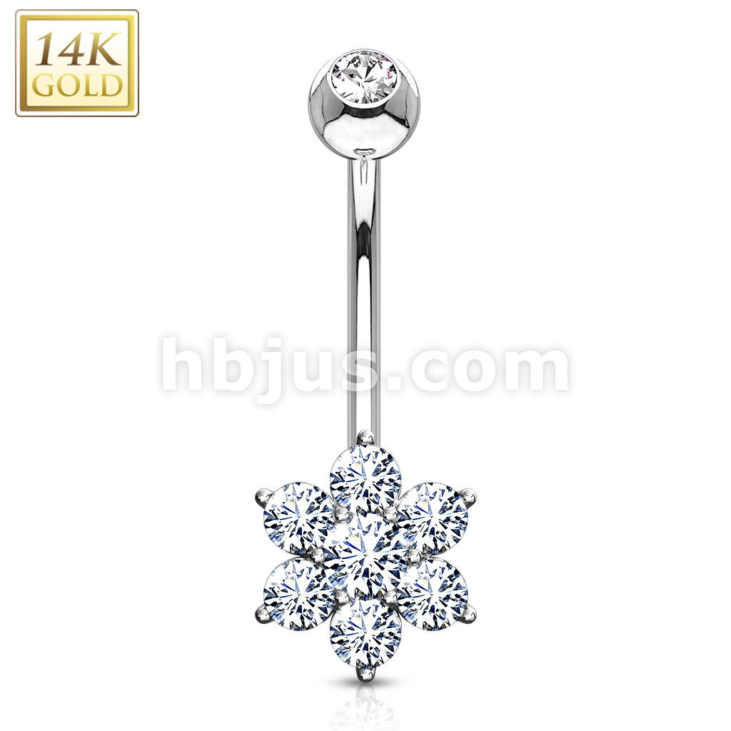 14KT  Gold 14K Gold Flower Clear CZ Navel Belly Button Ring - Image 2