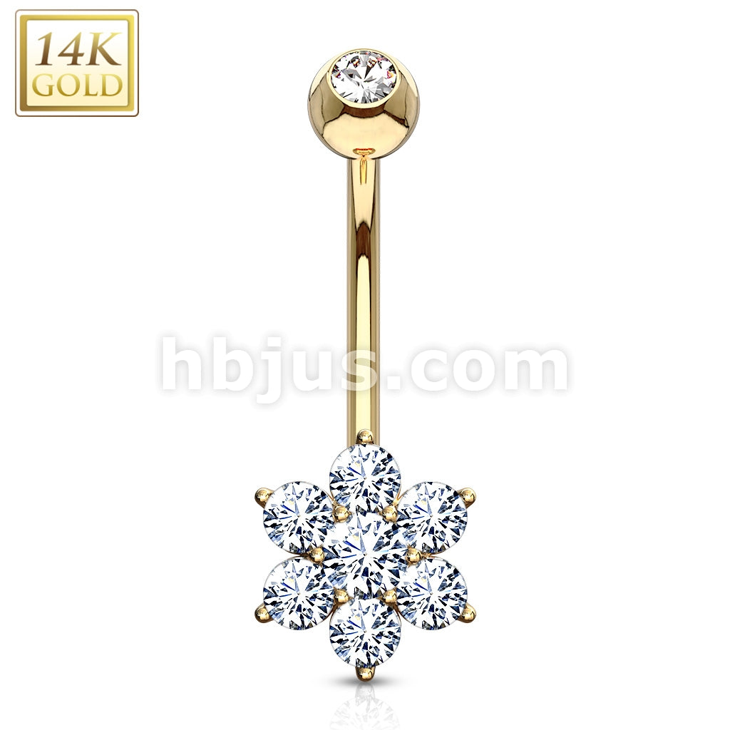 14KT  Gold 14K Gold Flower Clear CZ Navel Belly Button Ring - Image 3