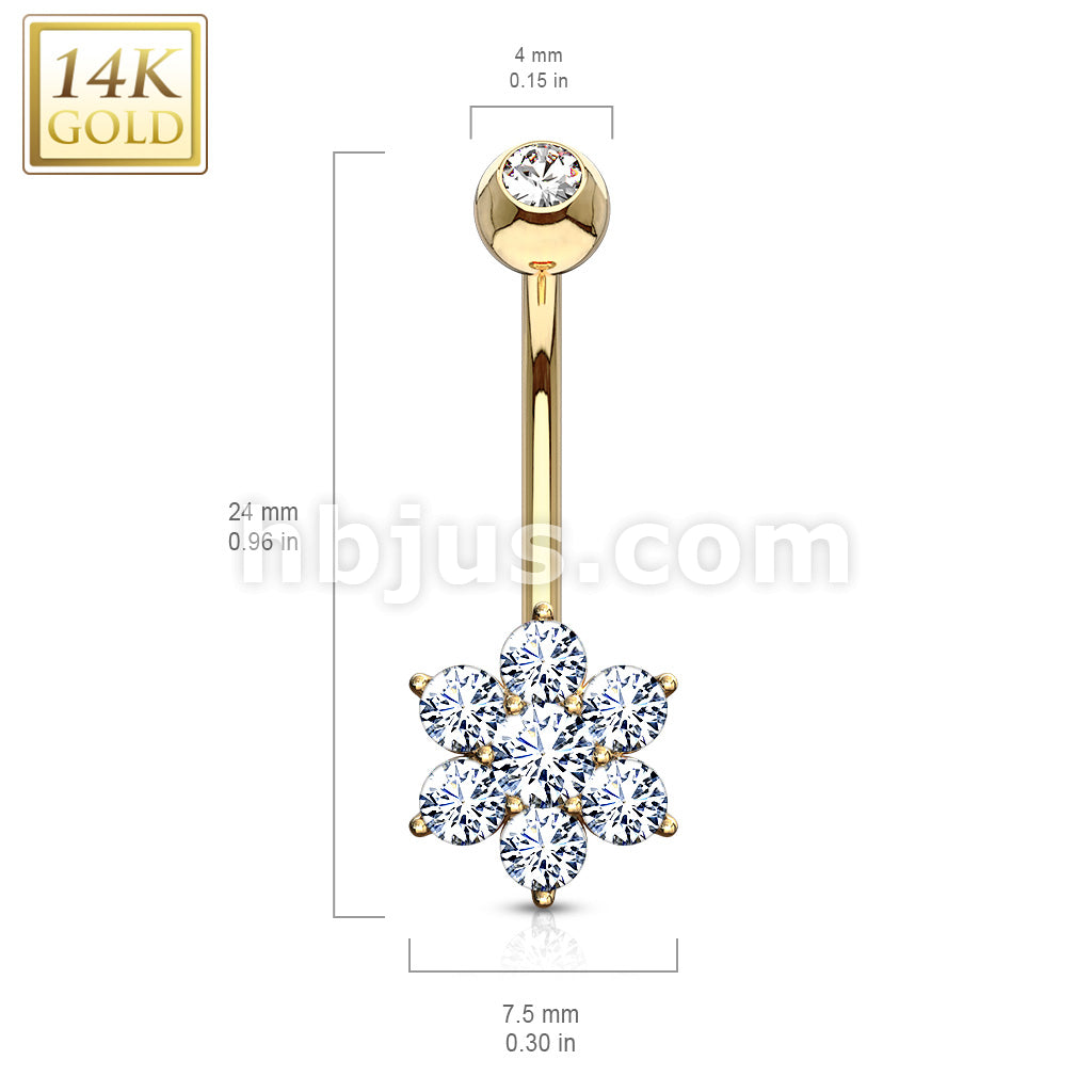14KT  Gold 14K Gold Flower Clear CZ Navel Belly Button Ring - Image 4