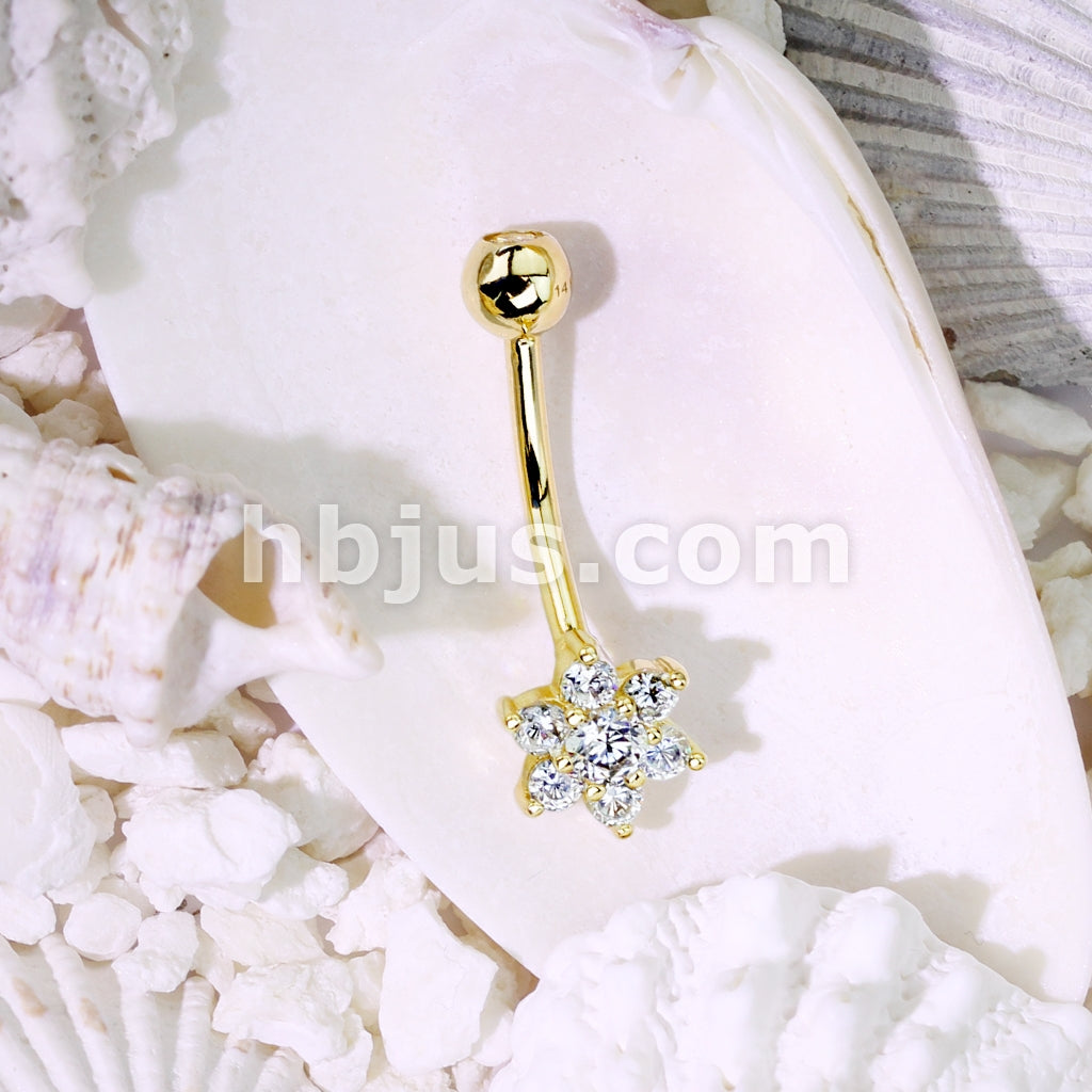 14KT  Gold 14K Gold Flower Clear CZ Navel Belly Button Ring - Image 5