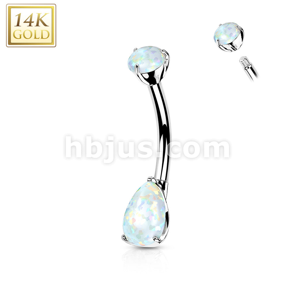 14K Gold Prong Set Round Top and Teardrop Opal or CZ Belly Button Navel Rings - Image 3