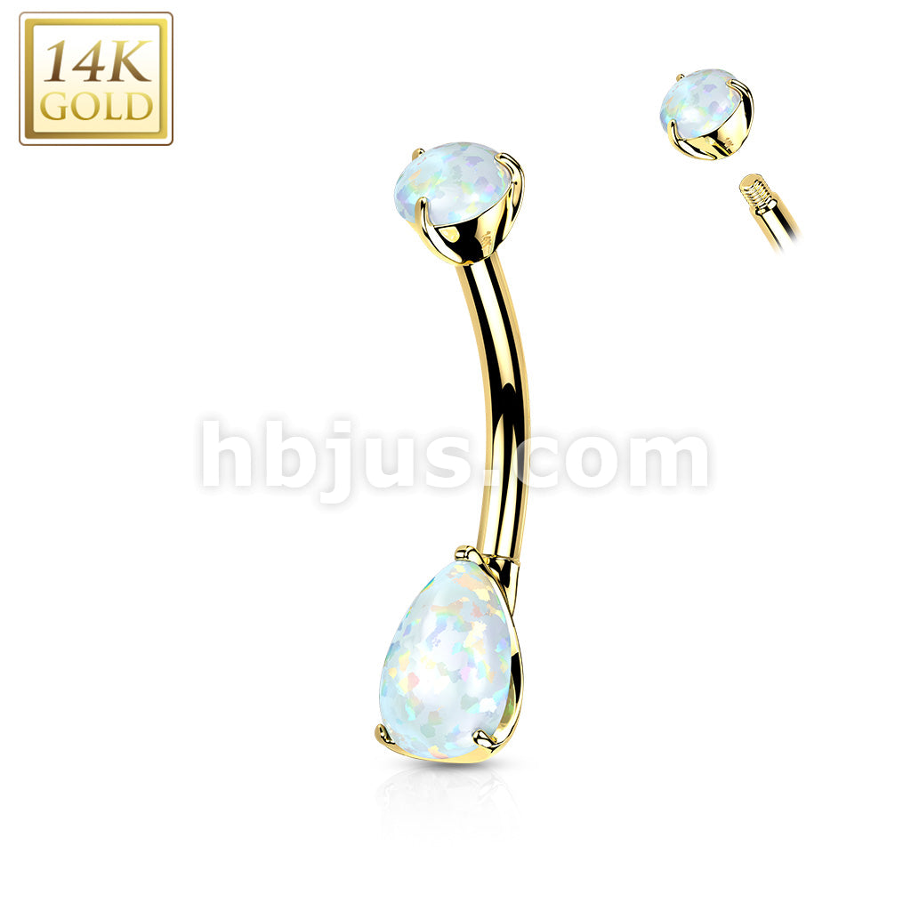 14K Gold Prong Set Round Top and Teardrop Opal or CZ Belly Button Navel Rings - Image 5