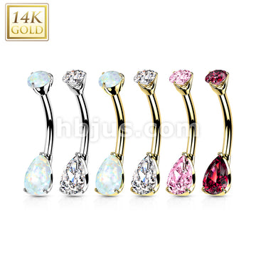 14K Gold Prong Set Round Top and Teardrop Opal or CZ Belly Button Navel Rings - Image 10