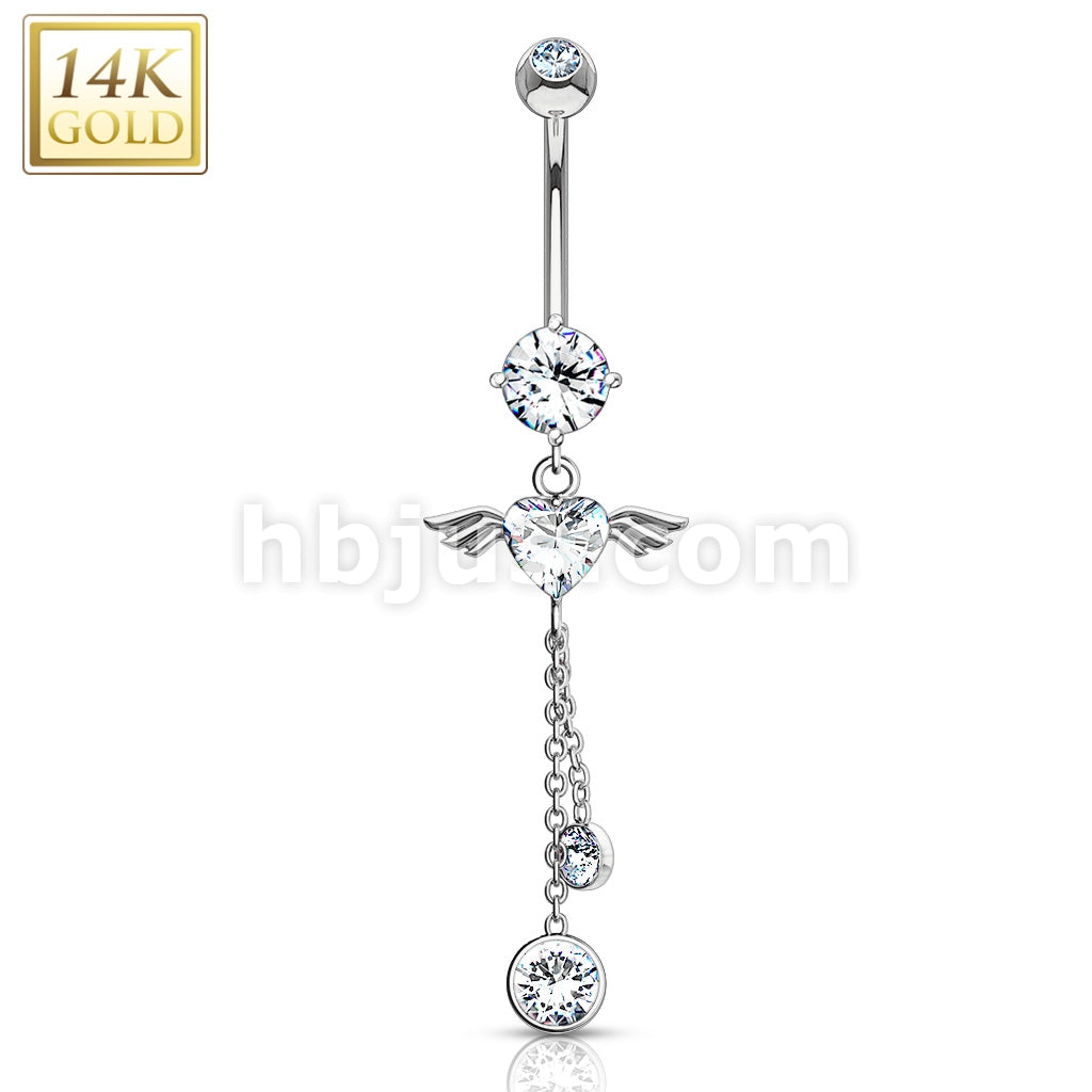 14KT  Gold 14K Gold Navel Ring With Angel Wing Heart CZ Dangle - Image 2