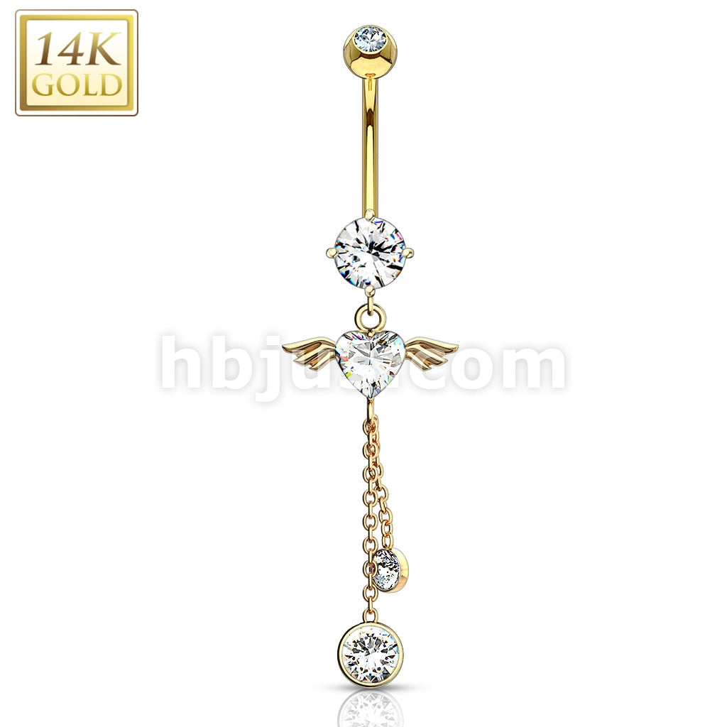 14KT  Gold 14K Gold Navel Ring With Angel Wing Heart CZ Dangle - Image 3