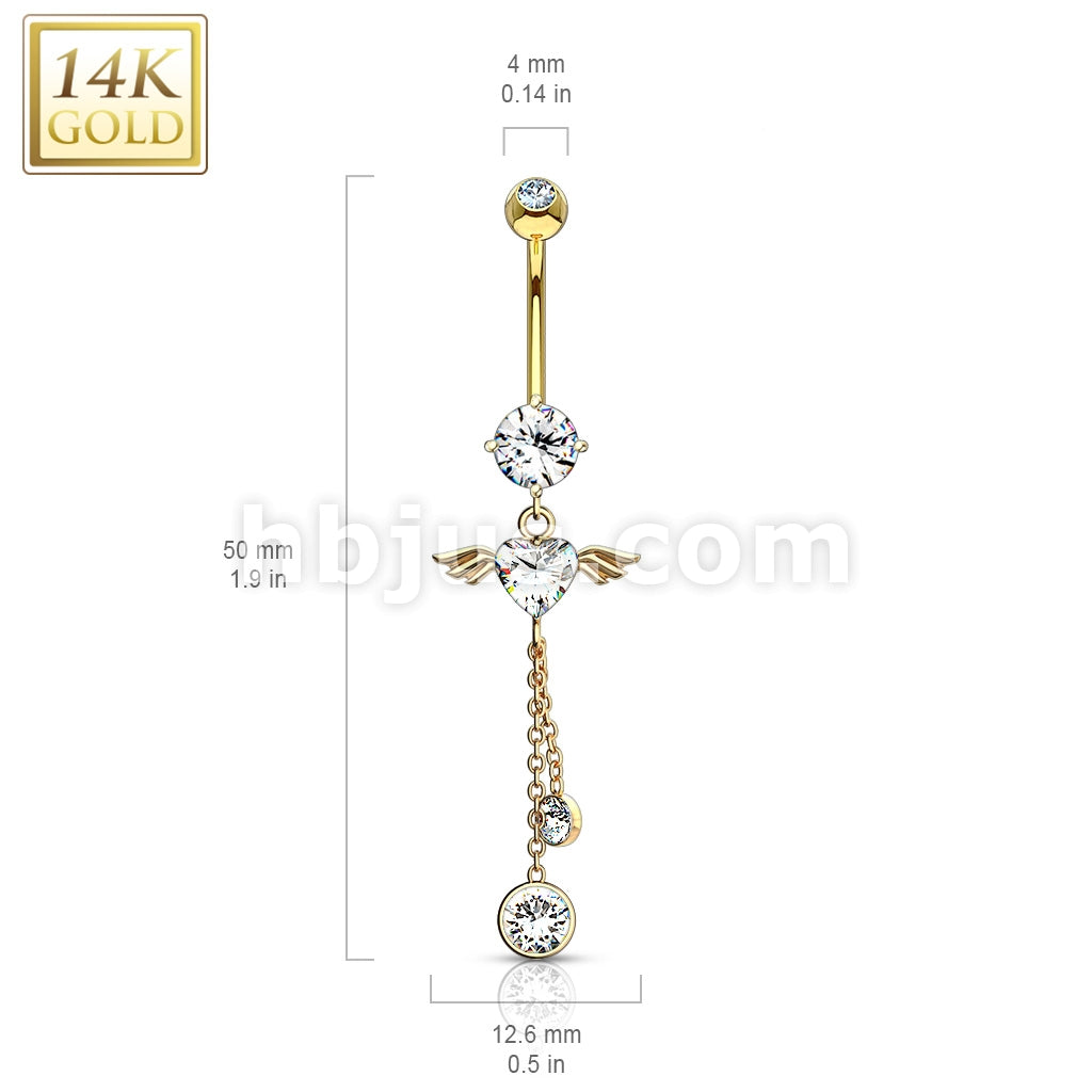 14KT  Gold 14K Gold Navel Ring With Angel Wing Heart CZ Dangle - Image 4