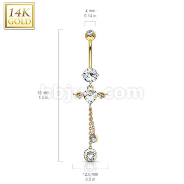 14KT  Gold 14K Gold Navel Ring With Angel Wing Heart CZ Dangle - Image 4