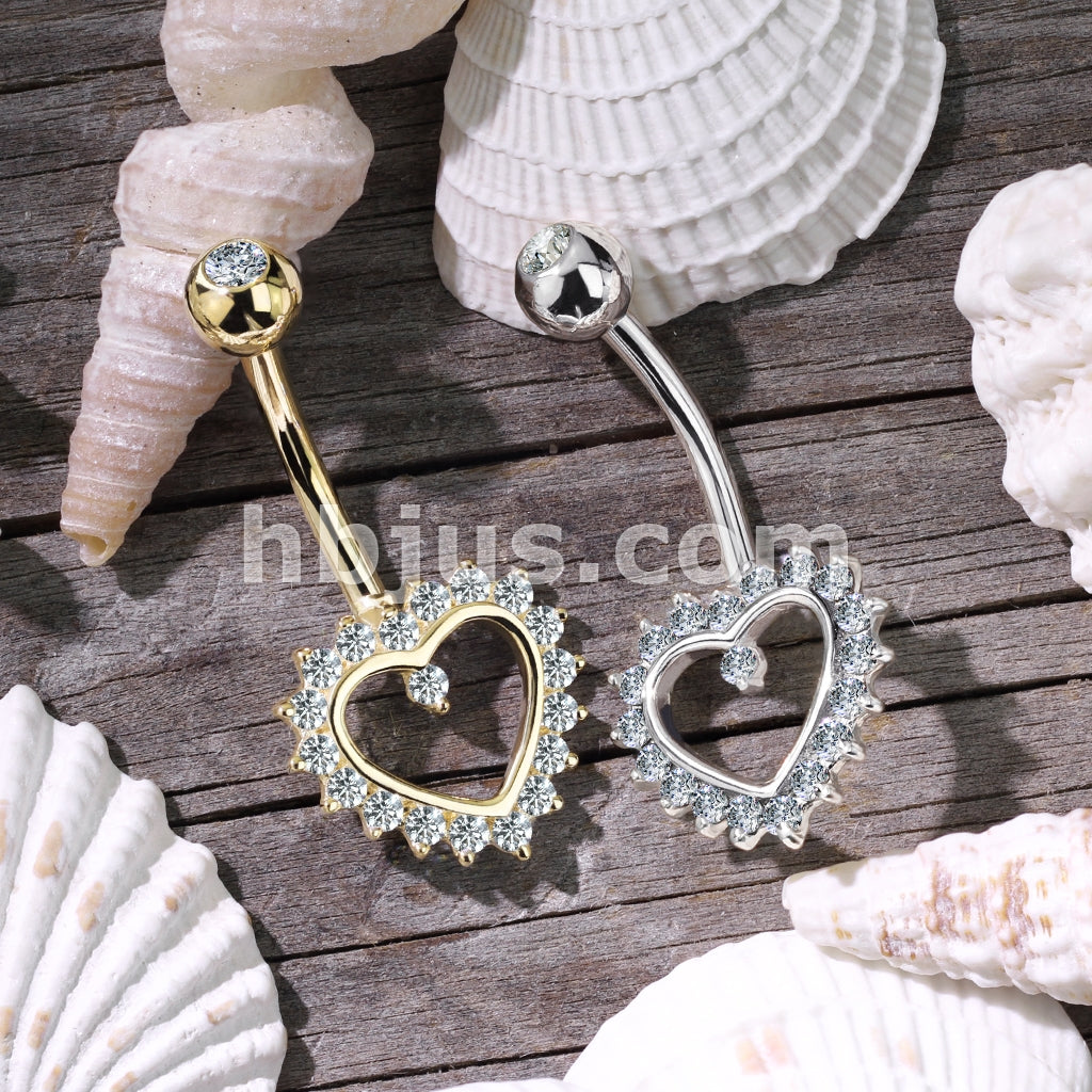 14KT  Gold 14K Gold Heart Gem Paved Navel Belly Button Ring - Image 5