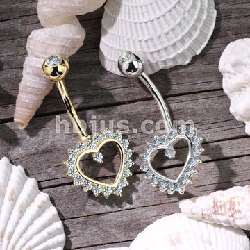 14KT  Gold 14K Gold Heart Gem Paved Navel Belly Button Ring - Image 5