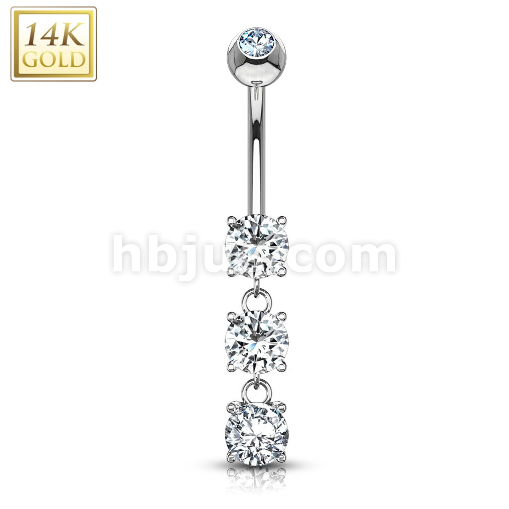 14KT  Gold 14K Gold Three Round CZs Dangle Fancy Navel Ring - Image 2